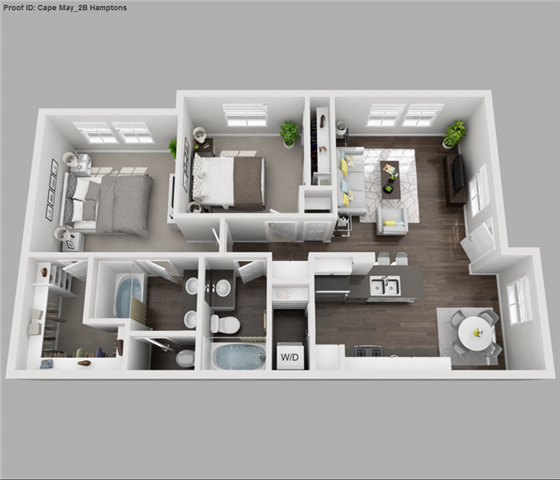 Floor plan for 2 beds, 2 baths, 955 sqft