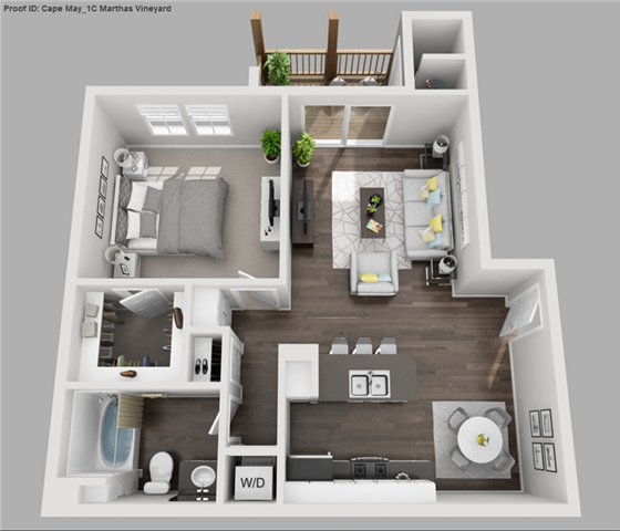 Floor plan for 1 bed, 1 bath, 720 sqft
