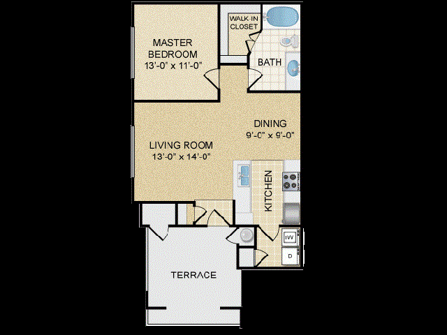 Floor plan for 1 bed, 1 bath, 717 sqft