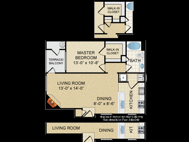 Floor plan for 1 bed, 1 bath, 805 sqft