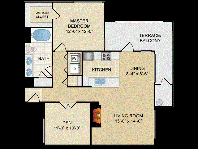 Floor plan for 1 bed, 1 bath, 930 sqft