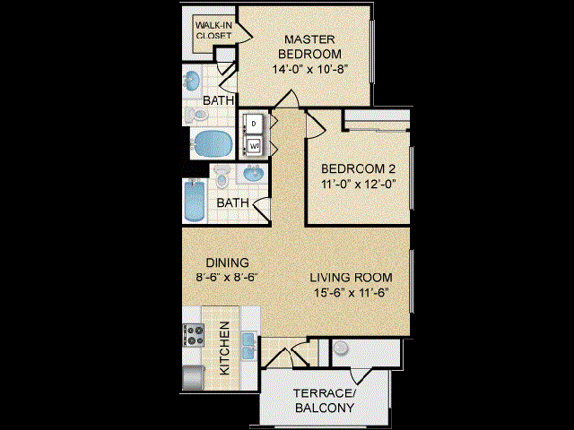 Floor plan for 2 beds, 2 baths, 940 sqft