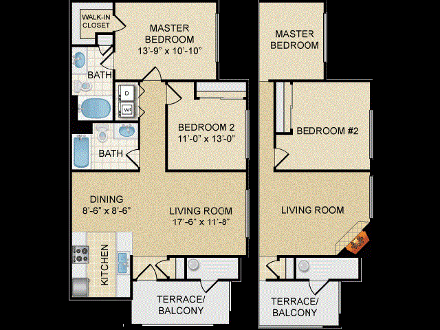 Floor plan for 2 beds, 2 baths, 990 sqft