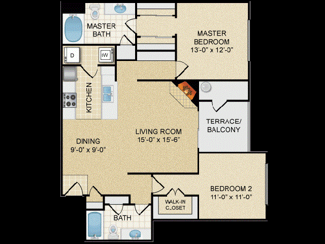 Floor plan for 2 beds, 2 baths, 1100 sqft