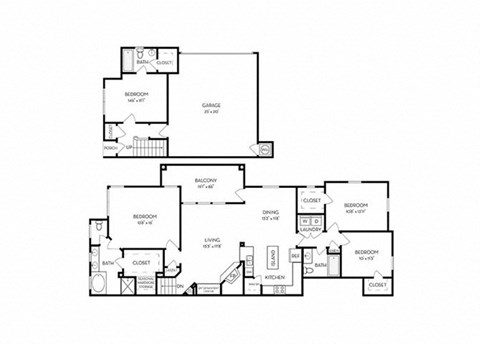 Floor plan for 4 beds, 3 baths, 1954 sqft