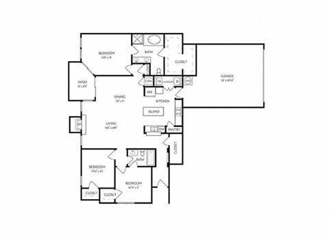 Floor plan for 3 beds, 2 baths, 1586 sqft