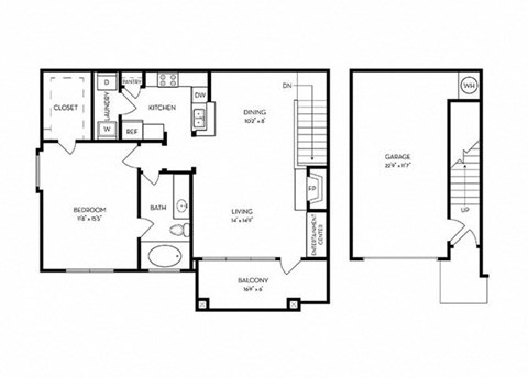 Floor plan for 1 bed, 1 bath, 896 sqft