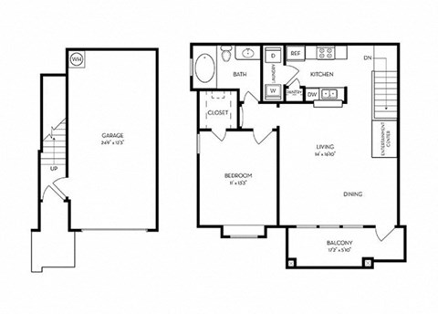 Floor plan for 1 bed, 1 bath, 785 sqft