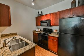 The Woodlands apartment for rent - a kitchen with black appliances and granite counter tops