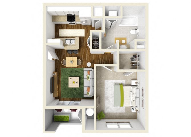 Floor plan for 1 bed, 1 bath, 580 sqft