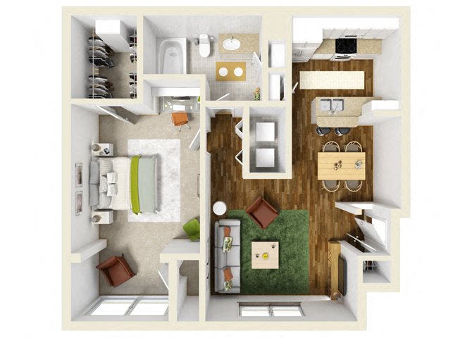 Floor plan for 1 bed, 1 bath, 729 sqft