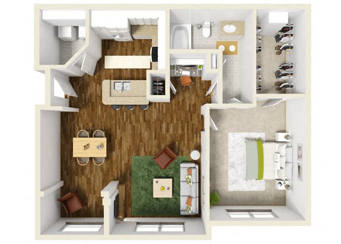 Floor plan for 1 bed, 1 bath, 796 sqft