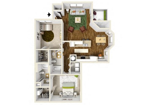 Floor plan for 2 beds, 2 baths, 1215 sqft