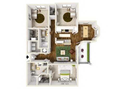 Floor plan for 3 beds, 2 baths, 1386 sqft