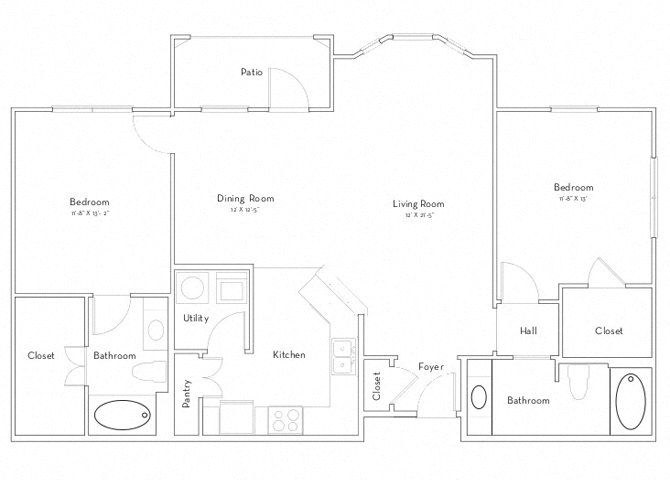 Floor plan for 2 beds, 2 baths, 1213 sqft