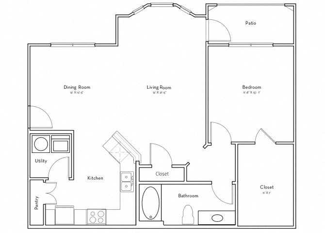 Floor plan for 1 bed, 1 bath, 931 sqft