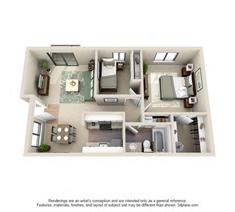 Floor plan for 2 beds, 1 bath, 800 sqft