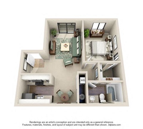 Floor plan for 1 bed, 1 bath, 600 sqft