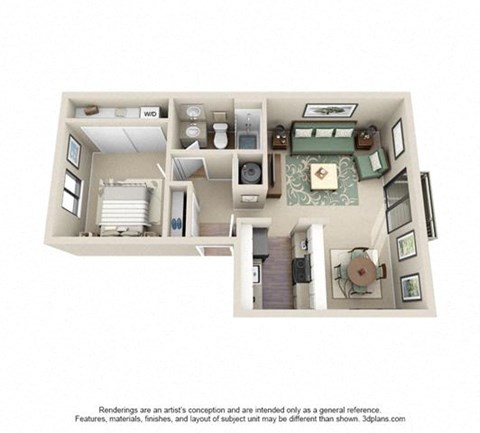 Floor plan for 1 bed, 1 bath, 600 sqft
