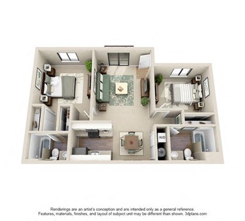 Floor plan for 2 beds, 2 baths, 850 sqft