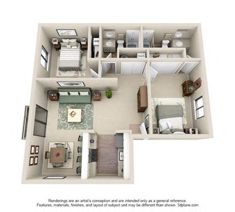 Floor plan for 2 beds, 2 baths, 850 sqft