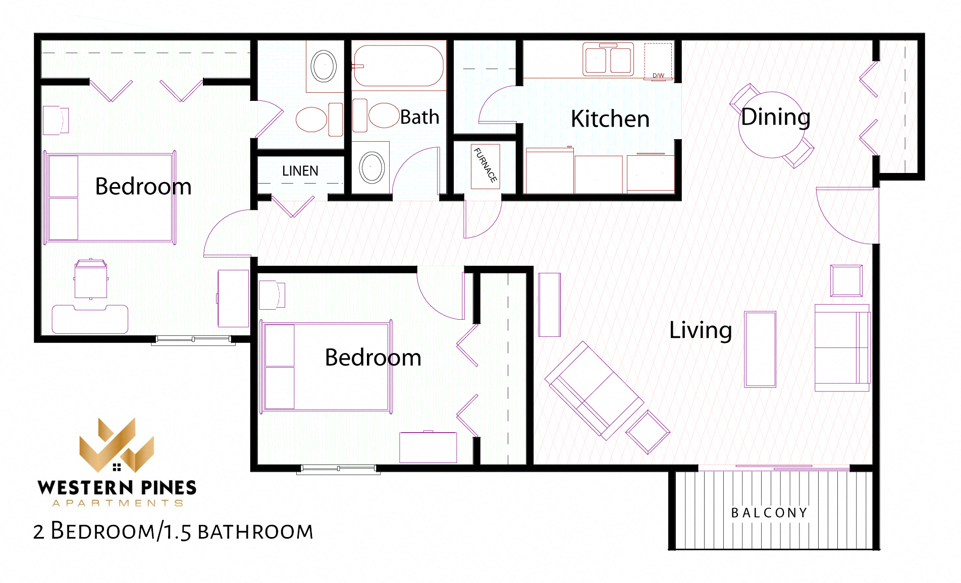 Floor plan for 2 beds, 1.5 baths, 1042 sqft