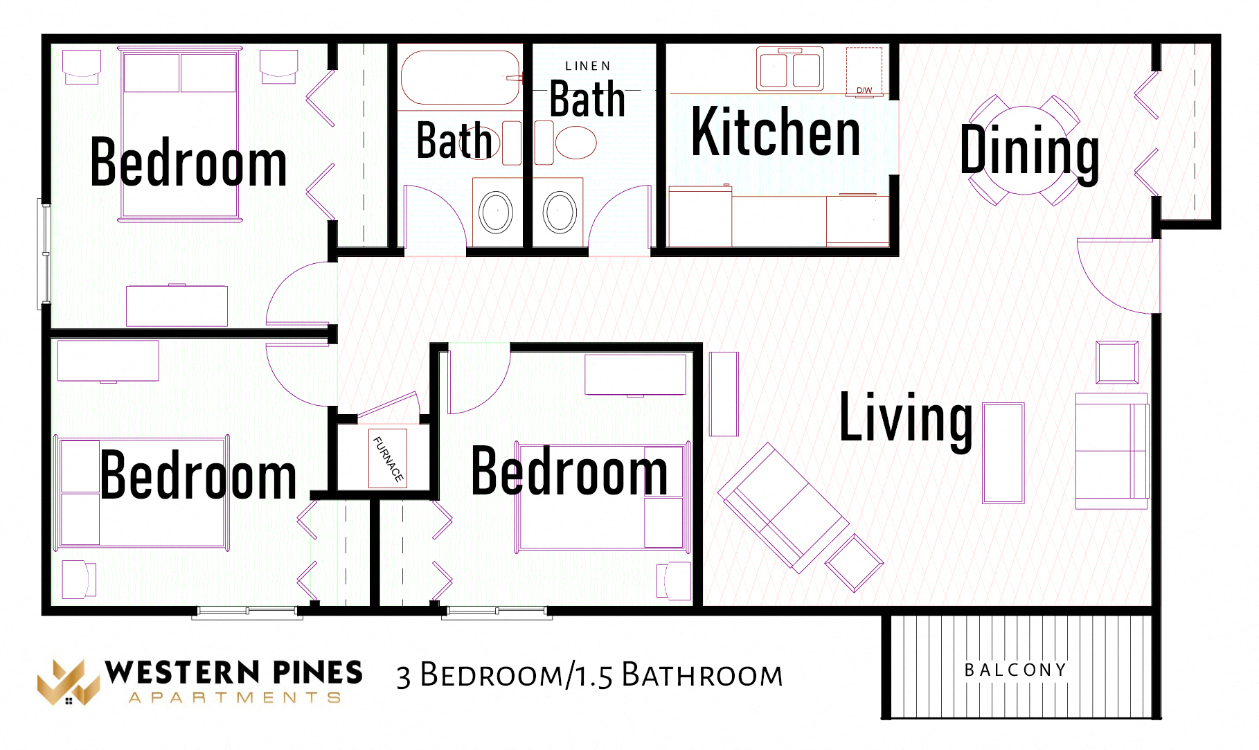 Floor plan for 3 beds, 1.5 baths, 1155 sqft