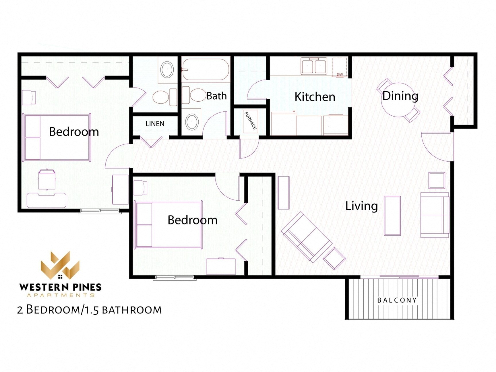 Floor plan for 2 beds, 1.5 baths, 1042 sqft