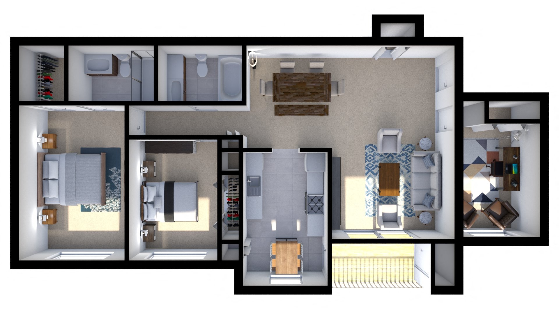 Floor plan for 2 beds, 2 baths, 1243 sqft