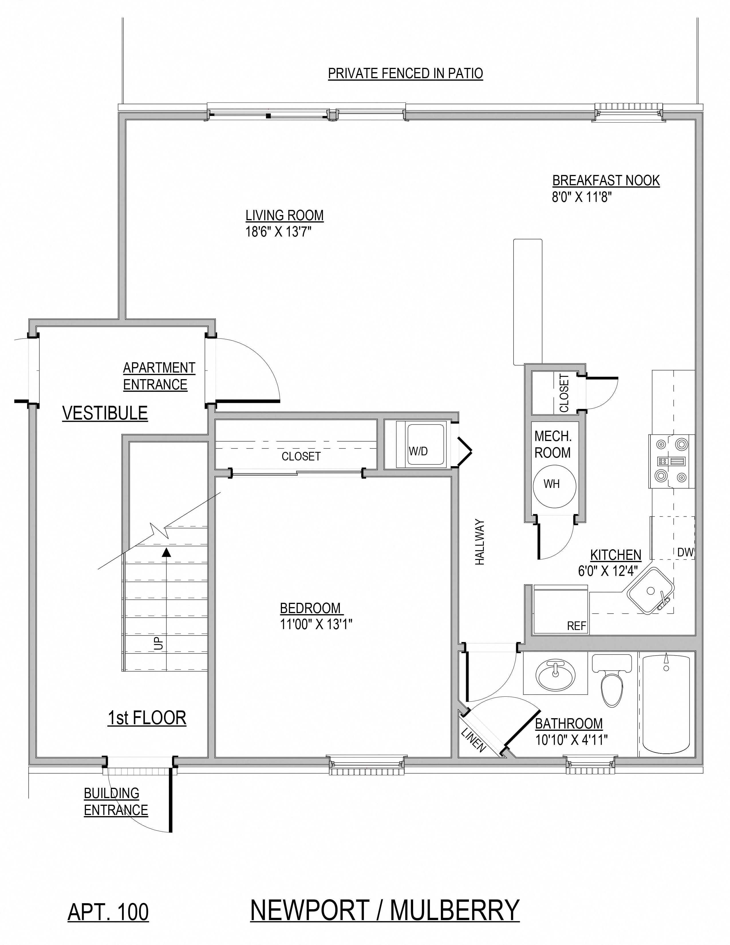 Floor plan for 1 bed, 1 bath, 840 sqft