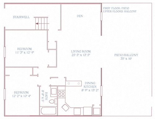 Floor plan for 2 beds, 1 bath, 1012 sqft