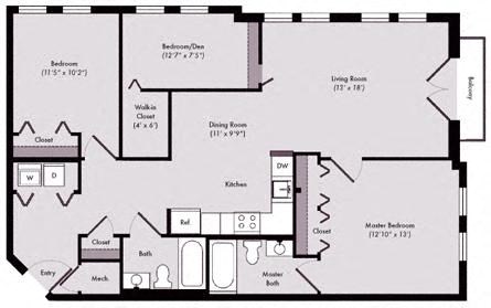 Floor plan for 3 beds, 2 baths, 1235 sqft