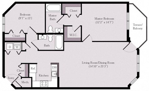 Floor plan for 2 beds, 2 baths, 1164 sqft