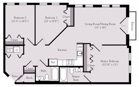 Floor plan for 3 beds, 2 baths, 1192 sqft