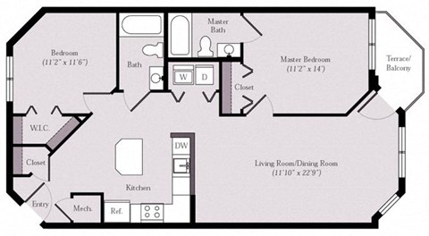 Floor plan for 2 beds, 2 baths, 1002 sqft