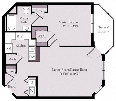 Floor plan for 1 bed, 1 bath, 956 sqft