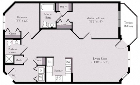 Floor plan for 2 beds, 2 baths, 1164 sqft
