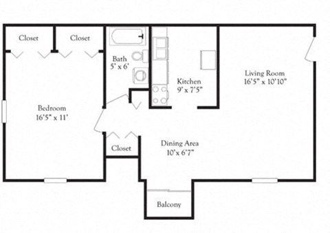 Floor plan for 1 bed, 1 bath, 750 sqft