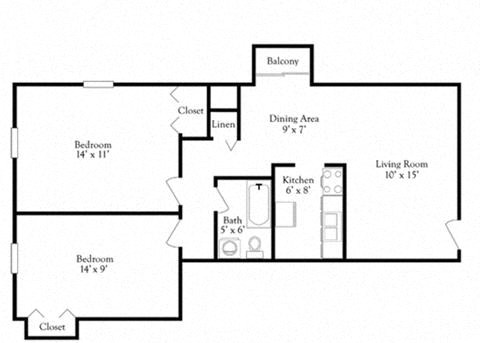 Floor plan for 2 beds, 1 bath, 900 sqft