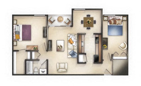 Floor plan for 2 beds, 1 bath, 775 sqft