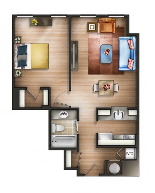 Floor plan for 1 bed, 1 bath, 632 sqft