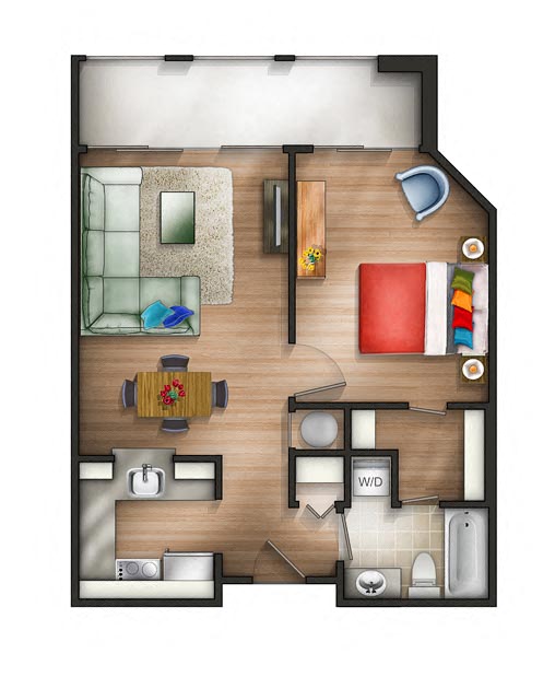 Floor plan for 1 bed, 1 bath, 545 sqft