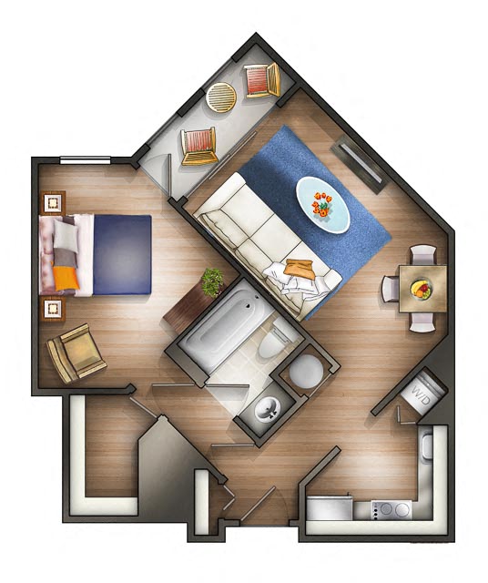 Floor plan for 1 bed, 1 bath, 660 sqft