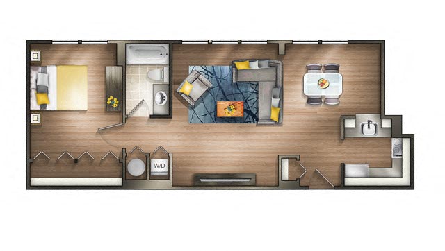 Floor plan for 1 bed, 1 bath, 728 sqft