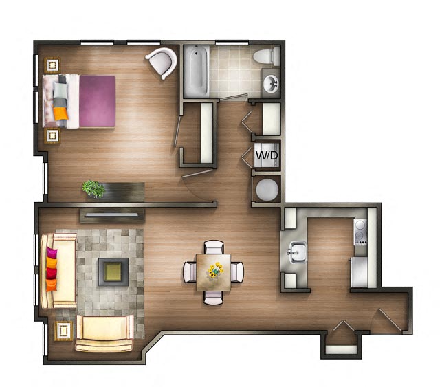 Floor plan for 1 bed, 1 bath, 692 sqft