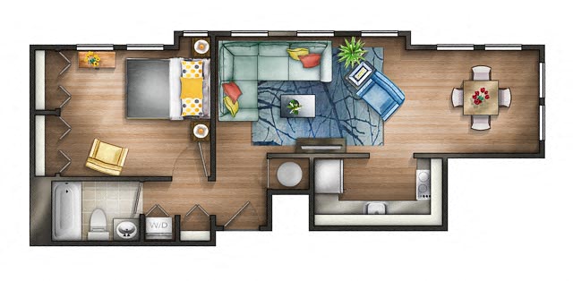 Floor plan for 1 bed, 1 bath, 689 sqft