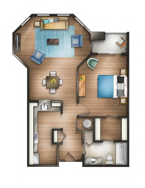 Floor plan for 1 bed, 1 bath, 684 sqft