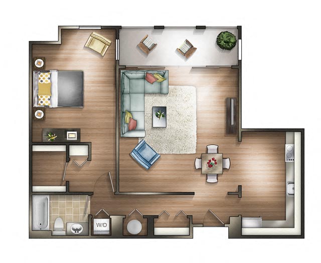 Floor plan for 1 bed, 1 bath, 855 sqft