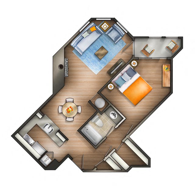 Floor plan for 1 bed, 1 bath, 723 sqft