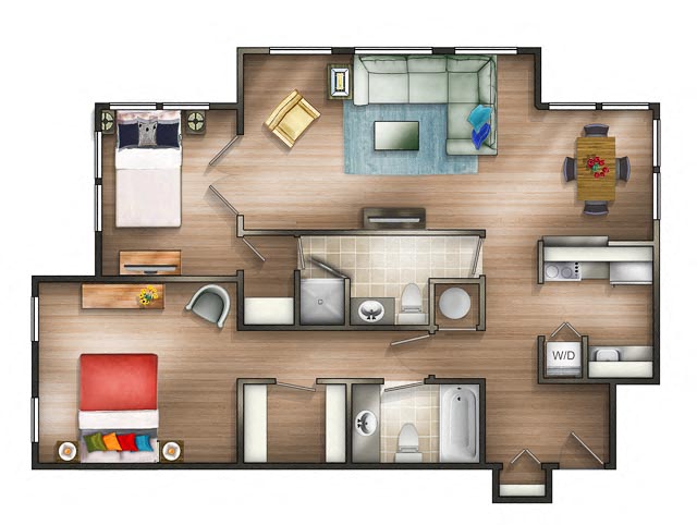 Floor plan for 2 beds, 2 baths, 975 sqft